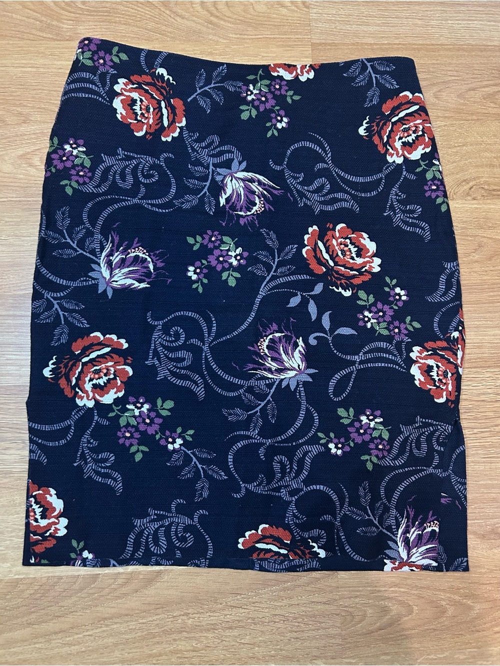 LOFT Navy Pencil Skirt with Red & Purple Floral Print